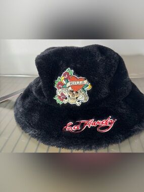 Ed Hardy Black Faux Fur Bucket Hat with Colorful Tattoo Patch velvet one size